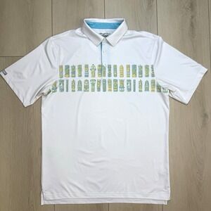Straight Down Mens M Performance Polo Shirt Tiki Print White Blue Golf Stretch